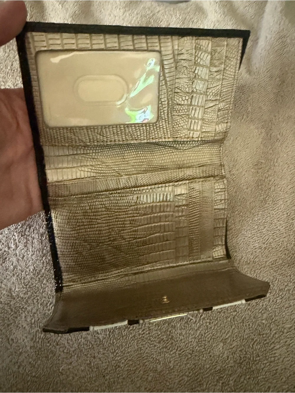 Brahmin Black, Cream and Gold Croc-Embossed Foldover Wallet